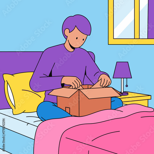 Person sitting on bed opening a cardboard box in a bedroom.