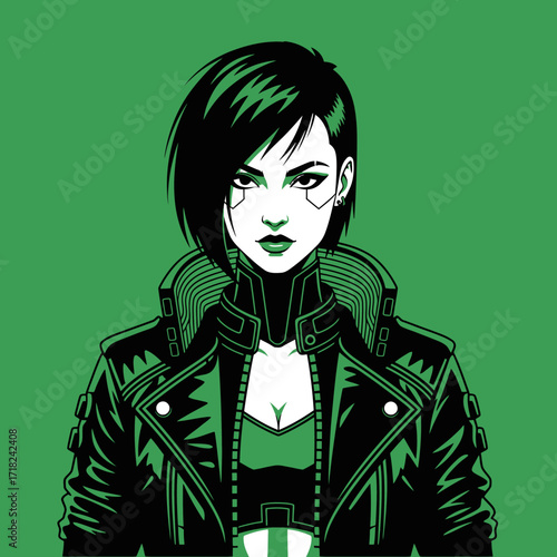 Stylized portrait of a cyberpunk woman with short dark hair and a leather jacket on a vibrant green background.