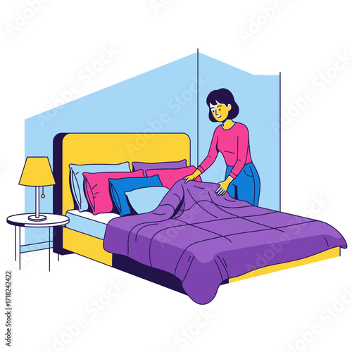 Woman making her bed in a bedroom.