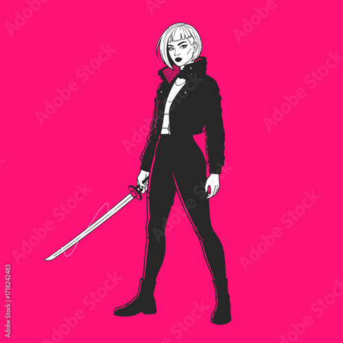 A stylish woman with short blonde hair and a katana sword, illustrated in black and white against a vibrant pink background.