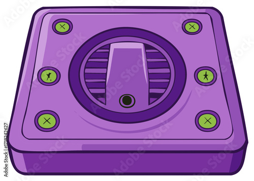 Purple and green retro console illustration, a cartoon video game controller design.