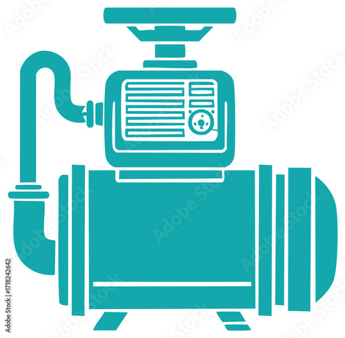 Illustrative aqua industrial pump with valve and gauges in outline style.