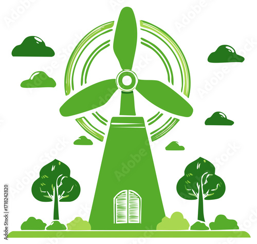 Green Wind Turbine with Trees and Clouds, Eco-Friendly Power Generation, Sustainable Future, Environmental Protection