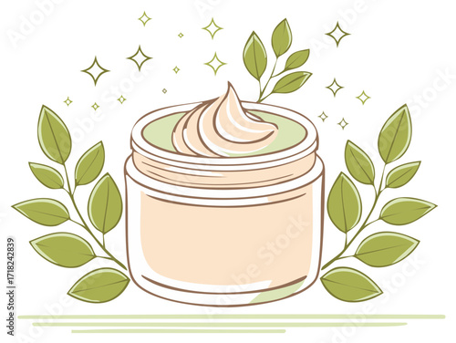 Illustration of a jar of cream with green leaves and stars