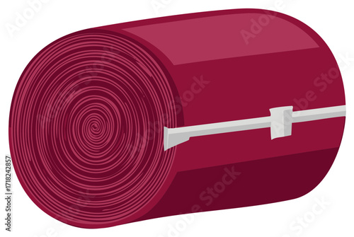 Rolled maroon elastic bandage with clips for first aid and medical support vector illustration