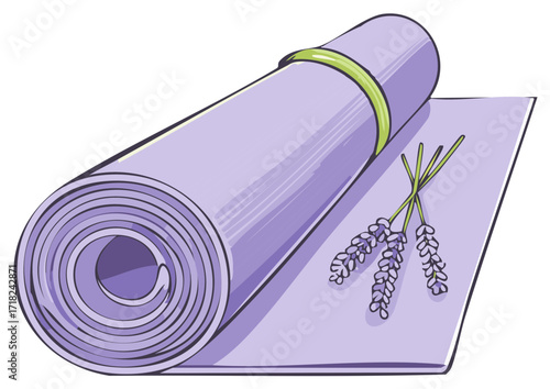 Rolled Yoga Mat with Lavender Sprigs Still Life Illustration