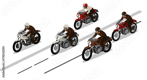 Vintage motorcycle race with retro riders in isometric design