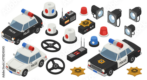 Isometric police car and equipment set with sirens, badges, and radios