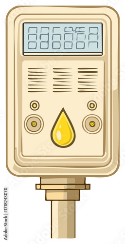 Energy Meter Illustration with Liquid Drop, Numeric Display and Buttons