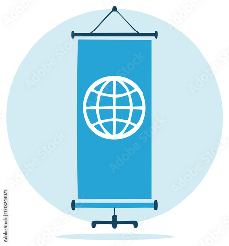 Illustrated pull up banner with a globe icon for a global business conference