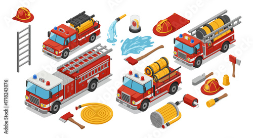 Isometric fire truck and equipment set