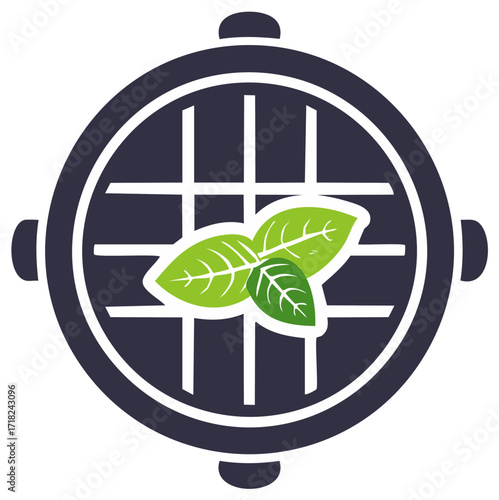 Barbecue grill grate with fresh green leaves for healthy cooking