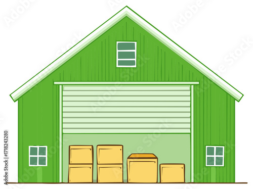 Illustration of Green Storage Unit with Partially Opened Roll-Up Door with Stacks of Boxes Inside, Vector Art
