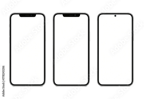 Set of three smartphone mockups with blank white screens, front view, isolated on transparent background