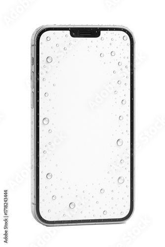 Smartphone mockup with blank white screen and water drops, isolated on transparent background