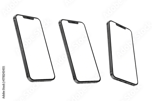 Three angled smartphone mockups with blank white screens, isolated on transparent background