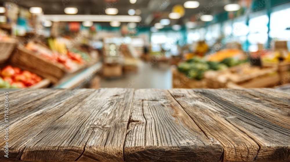Fototapeta premium Rustic farmhouse table surface with blurred organic grocery store interior