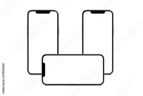 Set of three smartphone mockups with blank white screens, vertical and horizontal views, isolated on transparent background