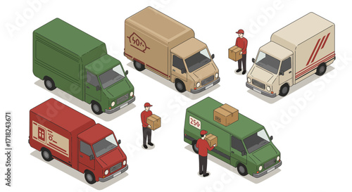 Isometric delivery trucks and couriers in various colors and designs