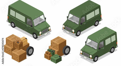 Isometric green vans and wooden crates arrangement with fuel cans and spare t…