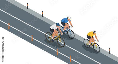 Cyclists racing on road in isometric view with detailed bicycles