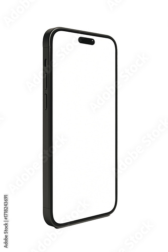 Angled view black smartphone mockup with blank white screen, isolated on transparent background