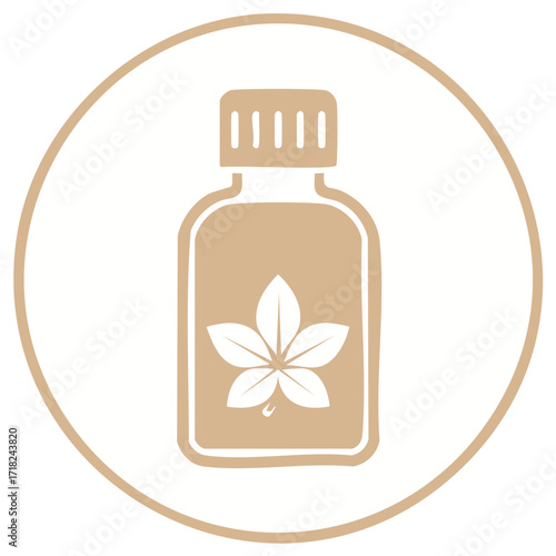 Essential oil bottle icon with flower leaf symbol in a simple and elegant style within a round frame.