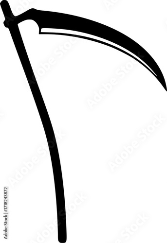 Black silhouette of a scythe with curved blade, minimalistic icon. Vector illustration