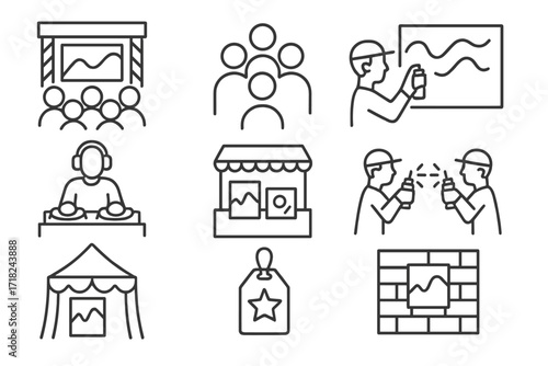 Street Art Festival Icons. Line style icons of street art festivals: mural event stage, crowd gathering, live painting, urban DJ,