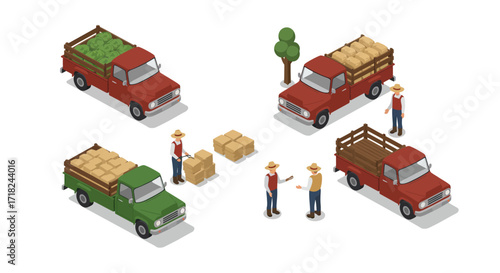 Isometric farm trucks with farmers loading and unloading produce and goods
