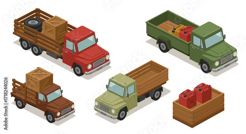 Isometric retro trucks with cargo and gas cans in various colors