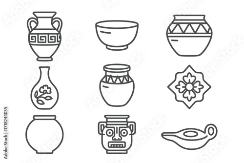 Cultural Pottery Icons. Line style icons of pottery in culture: Greek amphora, Japanese chawan, Native coil pot, Chinese porcelain
