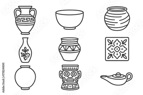 Cultural Pottery Icons. Line style icons of pottery in culture: Greek amphora, Japanese chawan, Native coil pot, Chinese porcelain