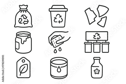 Eco-Friendly Clay Icons. Line style icons of recycled clay and eco practices: reclaimed clay bag, recycling bin, broken shard