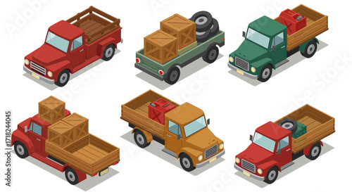 Isometric pickup trucks with cargo and spare tires on white background
