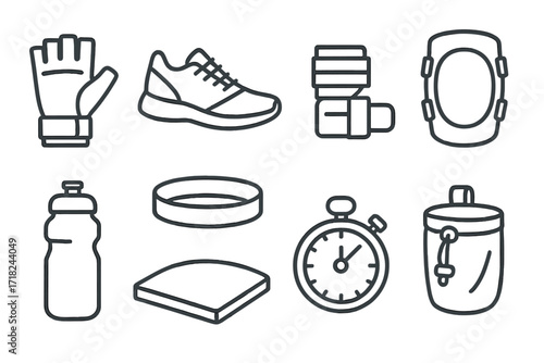 Parkour Gear Icons. Line style icons of parkour training gear: grip gloves, athletic shoes, wrist wraps, knee pads, water bottle,
