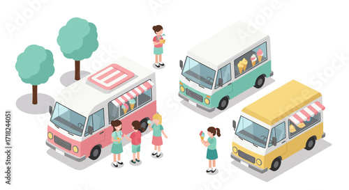 Isometric ice cream trucks and customers in summer park scene