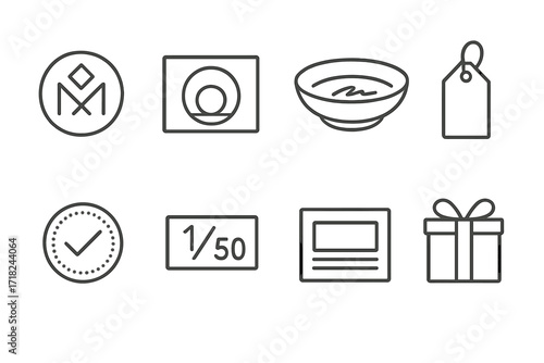 Artisan Branding Icons. Line style icons of artisan branding: maker’s mark, studio logo, signed base, tag label, certification