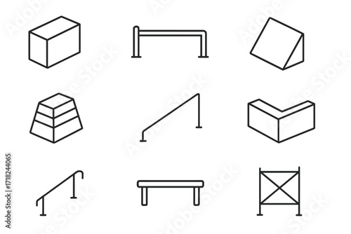 Parkour Obstacle Icons. Line style icons of parkour obstacles: concrete block, metal bar, balance rail, vault box, angled wall,