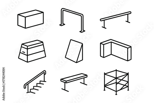 Parkour Obstacle Icons. Line style icons of parkour obstacles: concrete block, metal bar, balance rail, vault box, angled wall,