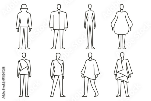 Avant-Garde Silhouette Icons. Line style icons of avant-garde silhouettes: high collar form, boxy shape, elongated limbs, bubble