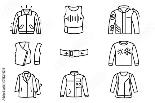 Futuristic Garment Icons. Line style icons of futuristic garment features: light-up seams, sound-reactive panels, kinetic parts,
