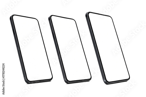 Three angled smartphone mockups with blank white screens, isolated on transparent background