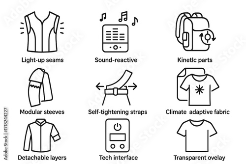 Futuristic Garment Icons. Line style icons of futuristic garment features: light-up seams, sound-reactive panels, kinetic parts,