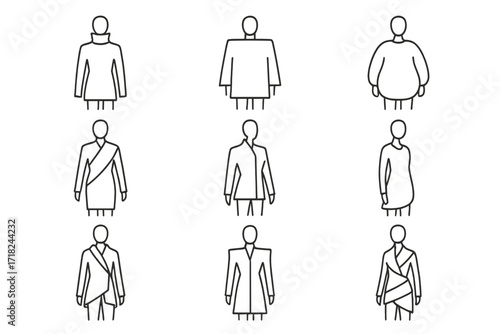 Avant-Garde Silhouette Icons. Line style icons of avant-garde silhouettes: high collar form, boxy shape, elongated limbs, bubble
