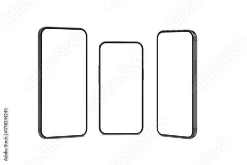 Three smartphone mockups with blank white screens, front and side views, isolated on transparent background