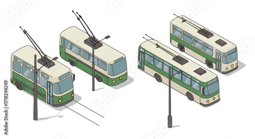 Isometric city transit: green and white trolleybuses in urban setting