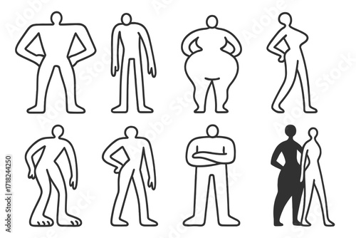 Exaggerated Body Icons. Line style icons of exaggerated body shapes: broad shoulders, elongated arms, inflated hips, tiny waist,