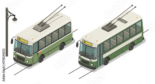 Isometric electric trolleybuses on rails with street lamp