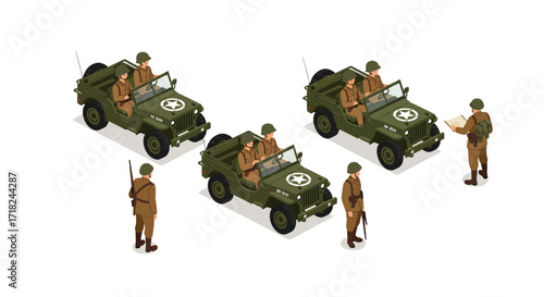 Isometric military jeeps and soldiers: detailed wwii themed scene